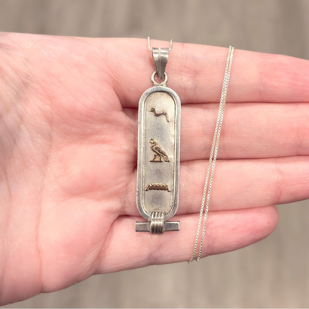 Vintage Sterling 14K Egyptian Cartouche Necklace Double Sided Hieroglyphics - Picture 3 of 16